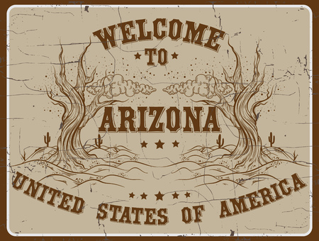 Welcome to Arizona. Quote typographical background in retro western style with  vintage fonts. Template for card poster banner print for t-shirt.のイラスト素材
