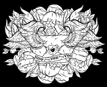 Vector hand drawn illustration of flying envelope with wings and ribbon. Creative artwork with flowers. Tattoo art. Template for card, poster, banner, print for t-shirt.のイラスト素材