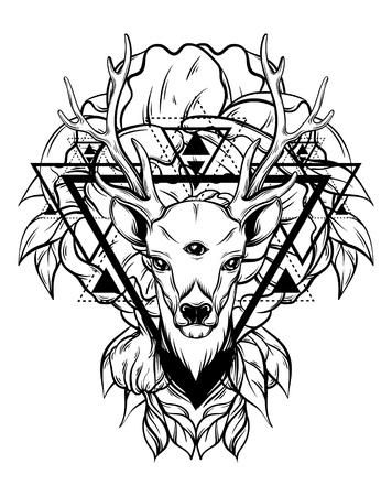 Hand drawn beautiful hand sketched deer. Illustration of deer's  portriat with tree eyes. Alchemy, religion, spirituality, occultism, tattoo art, coloring books. Template for card, poster, banner, print for t-shirt.のイラスト素材