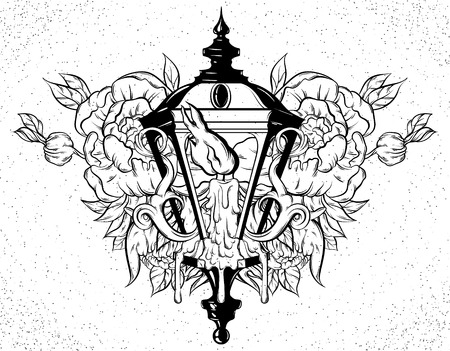 Vector hand drawn  illustration of lantern with melting candle and plants. Hand sketched artwork with flowers. Tattoo art. Template for card, poster, banner, print for t-shirt, coloring books.のイラスト素材