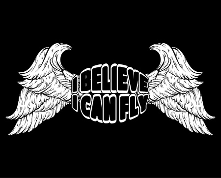 Quote typographical background " I believe I can fly" in minimalistic style with hand drawn wings. Template for card, poster, banner, print for t-shirt.のイラスト素材