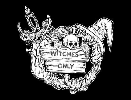 Vector illustration of witching wreath with horns, skull, hat, candles, wooden tablets with lettering " witches only". Alchemy, religion, spirituality, occultism, tattoo art. Template for card, poster, banner, print for t-shirt.のイラスト素材