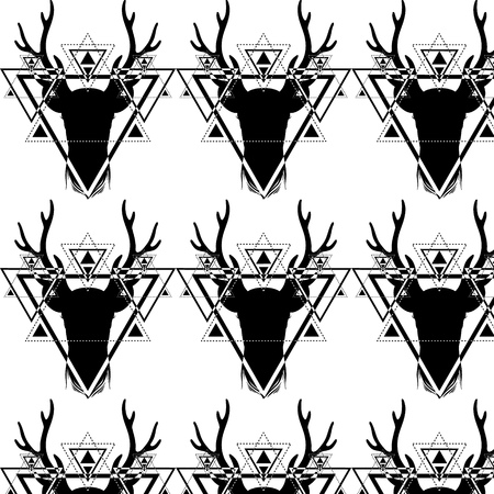 Pattern with hand drawn beautiful  deer. Illustration of deer's  portriat.   Template for card, poster, banner, print for t-shirt.のイラスト素材