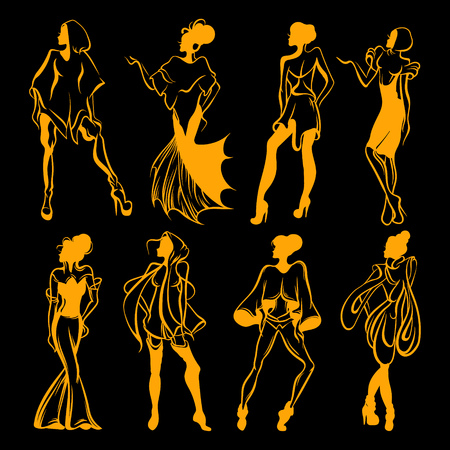 Vector hand drawn collection with  illustration of women in different attires. Hand sketched stylized artwork. Template for card, poster, banner, print for t-shirt, placard.のイラスト素材