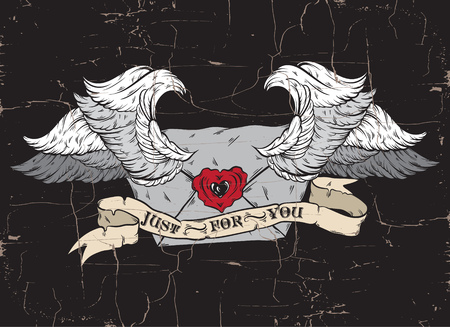 Vector hand drawn illustration of flying envelope with wings and ribbon. Creative artwork. Tattoo art. Template for card, poster, banner, print for t-shirt.のイラスト素材