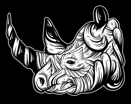 Vector hand drawn  illustration of rhino with decorative elements. Artwork in boho style. Hand sketched portrairt of animal. Template for card poster banner print for t-shirt.のイラスト素材