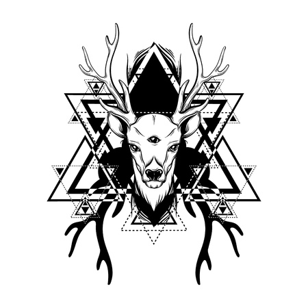 Hand drawn beautiful hand sketched deer. Illustration of deer's  portriat with tree eyes. Alchemy, religion, spirituality, occultism, tattoo art, coloring books. Template for card, poster, banner, print for t-shirt.のイラスト素材