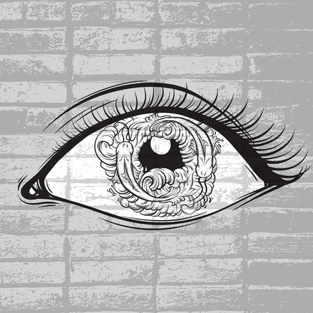 Vector creative illustration of eyes with fish and waves in pupil made in hand drawn style. Cute line artwork. Trendy template for card, poster, banner, print for t-shirt.のイラスト素材