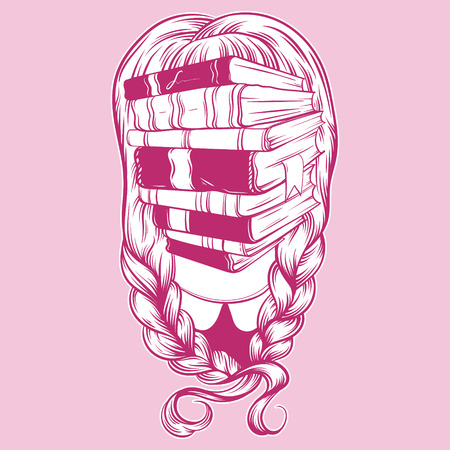Vector illustration of girl with plaits and books instead face made in hand drawn style. Creative artwork. Character design. Template for card, poster, banner, print for t-shirt.のイラスト素材