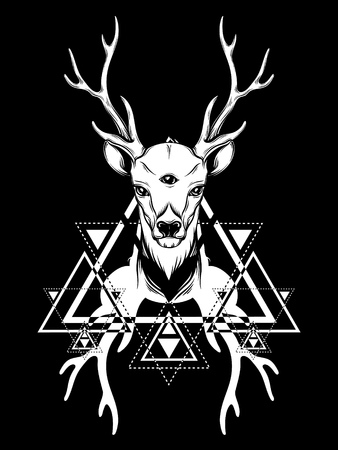 Hand drawn beautiful hand sketched deer. Illustration of deer's  portriat with tree eyes. Alchemy, religion, spirituality, occultism, tattoo art, coloring books. Template for card, poster, banner, print for t-shirt.のイラスト素材