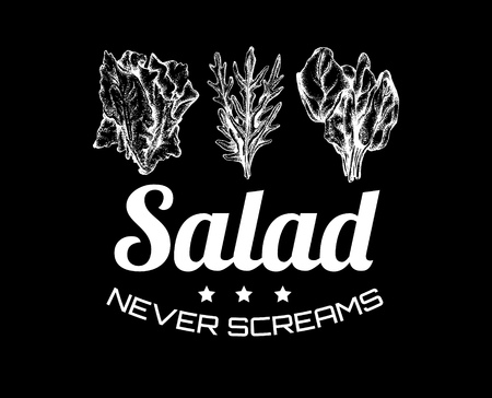 Salad never screams. Hand sketched illustration of  spinach, arugula, romaine. Quote typographical background for vegan. Template for card, poster, banner, print for t-shirt.のイラスト素材