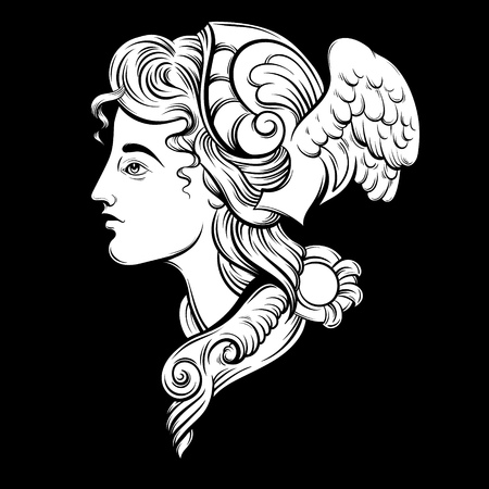 Vector illustration of Hermes. Hand drawn artwork with portrait of Hermes with wings and decorative elements. Template for card, poster, banner, print for t-shirt.のイラスト素材