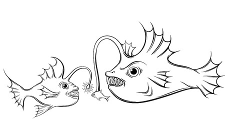 Vector illustration with hunting fish. Creative  funny artwork made in hand drawn style. Template for card, poster banner, print for t-shirt.のイラスト素材