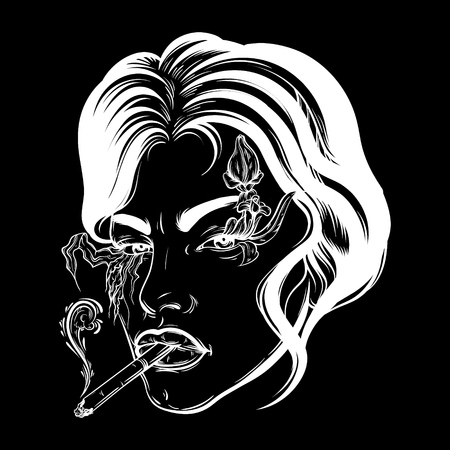 Vector portrait of young woman with cigarette made in hand sketched style. Artwork in Noir style. Tattoo realistic art. Character design. Template for card poster banner print for t-shirt.のイラスト素材