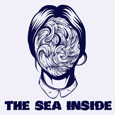 The sea inside. Quote typographical background.Vector illustration of weird young girl with sea waves instead face made in hand drawn style. Template for card poster banner print for t-shirt.のイラスト素材