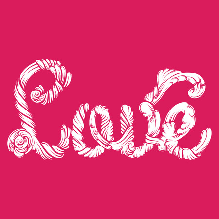 Love. Unique lettering made in hand drawn line baroque style. Artwork with abstract cute type. Template for St. Valentine's day card, poster, banner, label, print for t-shirt.のイラスト素材