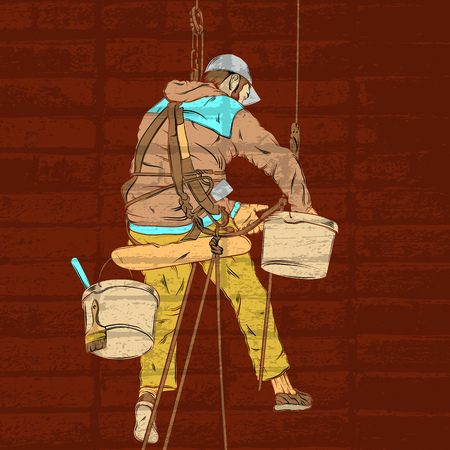 Vector colorful realistic illustration of decorator in working process made in hand drawn style isolated. Template for business card poster banner placard label print for t-shirtのイラスト素材