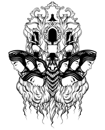 Vector hand drawn illustration of moth with female faces on the wings with flowers.  Tattoo art with baroque facade. Template for card, poster banner print for t-shirt.のイラスト素材