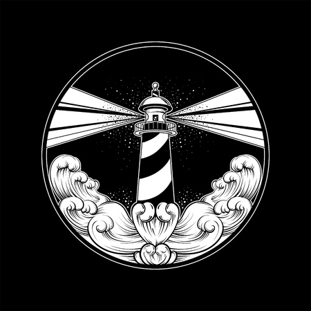 Vector hand drawn illustration of lighthouse with rays and waves. Tattoo artwork. Template for card, poster, banner, print for t-shirt.のイラスト素材