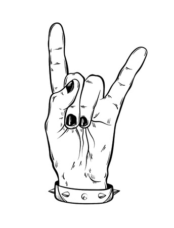 Vector hand drawn illustration of rock hand with bracelet with studs. Tattoo artwork. Template for card, poster, bunner, print for t-shirt.のイラスト素材
