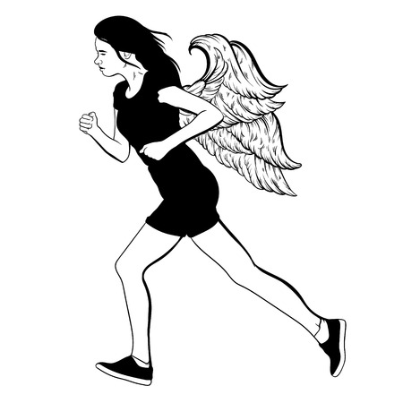 Vector hand drawn illustration of running girl with wings made in realistic sketch style. Profile of running girl.  Template for card, poster, banner, print for t-shirt.のイラスト素材