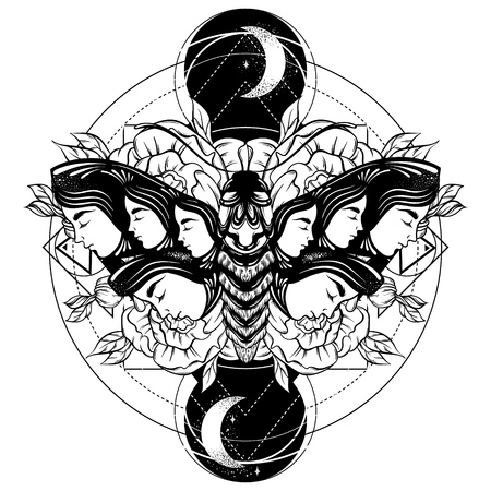 Vector hand drawn illustration of moth with female faces on the wings with flowers.  Tattoo art. Template for card, poster banner print for t-shirt.のイラスト素材