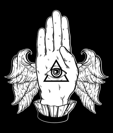 Vector hand drawn illustration of hand of witch with wings. All seeing eye pyramid symbol. Tattoo hand sketched artwork. All seeing eye pyramid symbol. Template for card, poster, banner, print for t-shirt.のイラスト素材