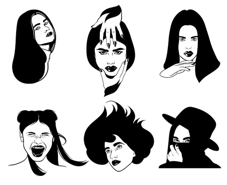 Vector hand drawn illustration of beautiful women with hands.  Tattoo artwork with portraits in Noir style. Template for card, poster, banner, print for t-shirt.のイラスト素材