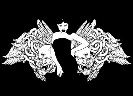 Vector hand drawn illustration of beautiful woman with hands, snakes, wings and faces.  Tattoo artwork with portrait in Noir style. Template for card, poster, banner, print for t-shirt.のイラスト素材