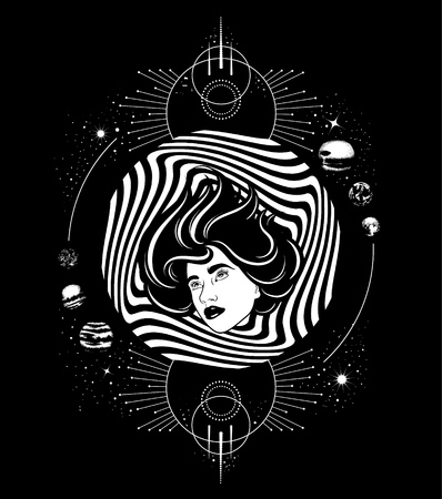 Vector hand drawn  illustration of female head . Surreal artwork with planets and geometrical composition. Template for card, banner, print for t-shirt.のイラスト素材