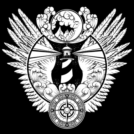 Vector hand drawn illustration of lighthouse with rays, waves, wings,moon and vintage compass. Tattoo artwork. Template for card, poster, banner, print for t-shirt.のイラスト素材