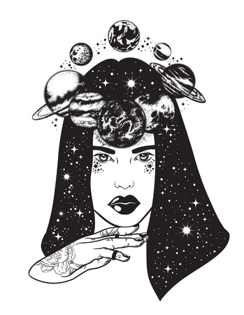 Vector hand drawn illustration of women's head with planets, sun and moon. Solar system made in hand sketched style. Template for card, poster, banner, print for t-shirt.のイラスト素材