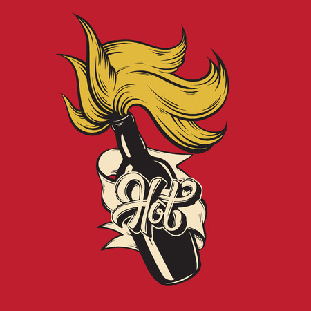 Hot. Vector handwritten lettering. Hand drawn illustration of bottle with fire  Template for card, poster, banner, print for t-shirt, badge, logotype.のイラスト素材