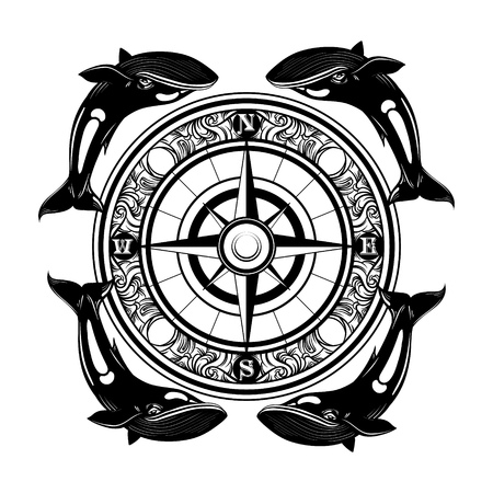 Vector hand drawn illustration of vintage compass and whales. Tattoo artwork. Template for card, poster, banner, print for t-shirt.のイラスト素材