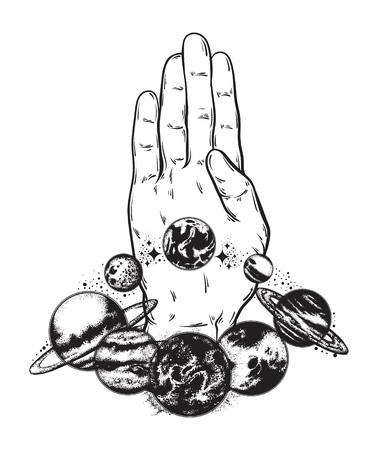 Vector hand drawn illustration of hand with planets, sun and moon. Solar system made in hand sketched style. Template for card, poster, banner, print for t-shirt.のイラスト素材