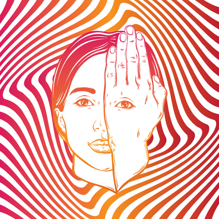 Vector hand drawn illustration of girl with eye on hand on the hypnotic background. Template for card, poster, banner, print for t-shirt.のイラスト素材