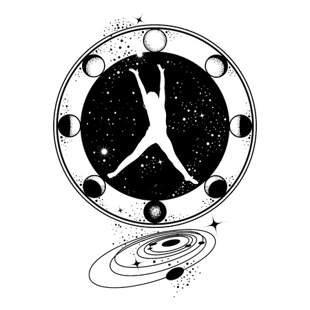 Vector hand drawn illustration of jumping girl in the space. Surreal tattoo artwork. Template for card, poster, banner, print for t-shirt.のイラスト素材