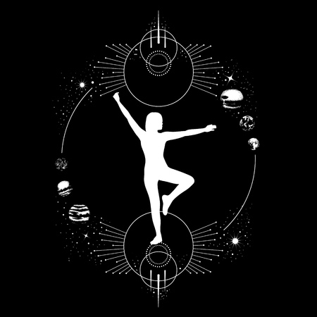 Vector hand drawn  illustration with female silhouette. Surreal artwork with planets and geometrical composition. Template for card, banner, print for t-shirt.のイラスト素材
