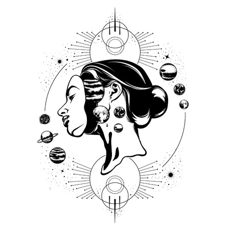 Vector hand drawn illustration of young beautiful woman,  geometrical composition and planets. Template for card, poster, banner, print for t-shirt.のイラスト素材