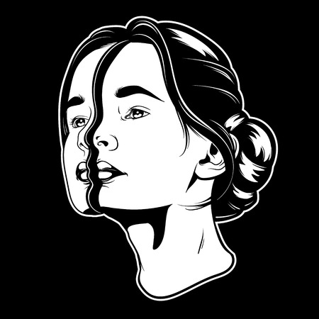 Vector hand drawn illustration of young beautiful woman. Surreal tattoo artwork.  Template for card, poster, banner, print for t-shirt.のイラスト素材