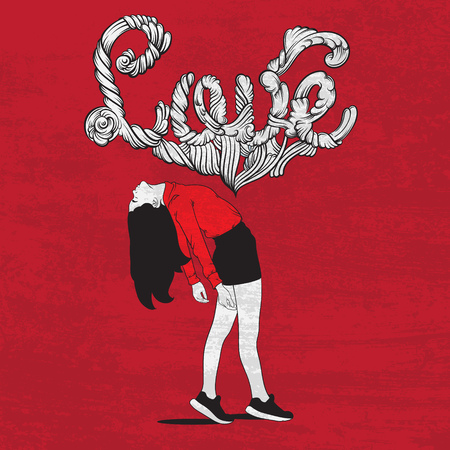 Vector hand drawn illustration of a girl in love with unique hand written letteringのイラスト素材