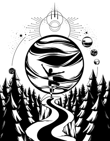 Vector hand drawn landscape with planet, empty road leading to horison between trees. Surreal hand sketched artwork with silhouette of woman. Template for card, poster, banner, print for t-shirt, textiles.のイラスト素材