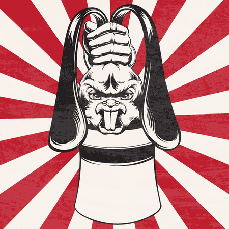 Vector hand drawn illustration of angry rabbit with hand of magician. Realistic tattoo artwork with portrait. Template for card, poster, banner, print for t-shirt, label, textiles. のイラスト素材