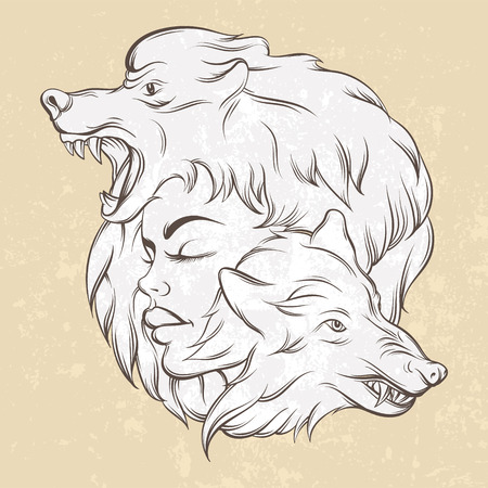 Vector illustration of young beautiful girl with angry wolf's muzzle. Mythological magic religion  motif, tattoo design element. Template for card poster banner print for t-shirtのイラスト素材