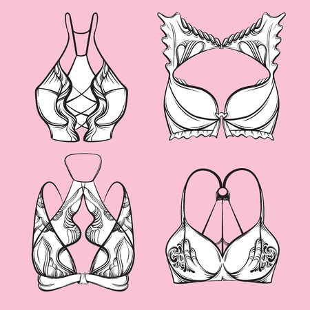 Vector illustration of beautiful collection of bra made in hand drawn sketch style. Artwork in  hand sketched  cartoon style. Template for card poster banner print.のイラスト素材