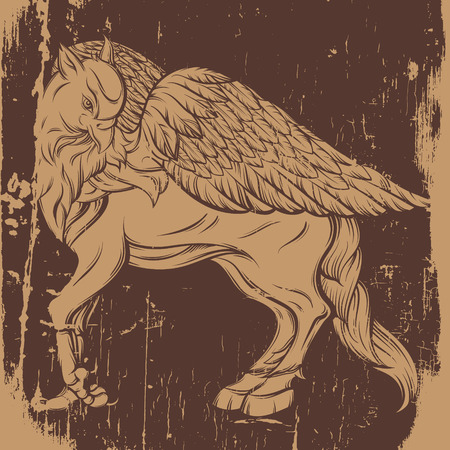 Vector hand drawn realistic illustration of hipogriff in line style. Mythological magic religion victorian motif, tattoo design element. Heraldry and logo concept art. Template for card poster banner printのイラスト素材