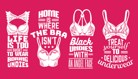 Collection of quote typographical background about underwear with hand drawn illustration of bra. Template for card poster label banner print.のイラスト素材
