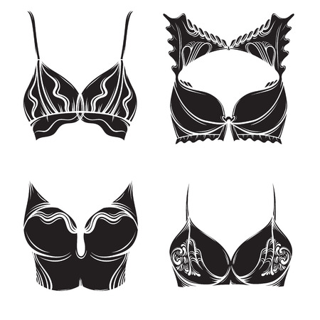 Vector illustration of beautiful collection of bra made in hand drawn sketch style. Artwork in  hand sketched  cartoon style. Template for card poster banner print.のイラスト素材