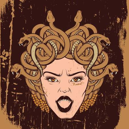 Vector colorful hand drawn illustration of gorgon in hand sketched realistic style. Artwork with portrait of gorgon. Template for card, posster, banner, print for t-shirt.のイラスト素材