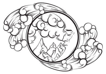 Vector hand drawn illustration of landscape with moon, clouds, waves, mountains. Artwork in line abstract style. Template for postcard banner poster placard print for t-shirt.のイラスト素材